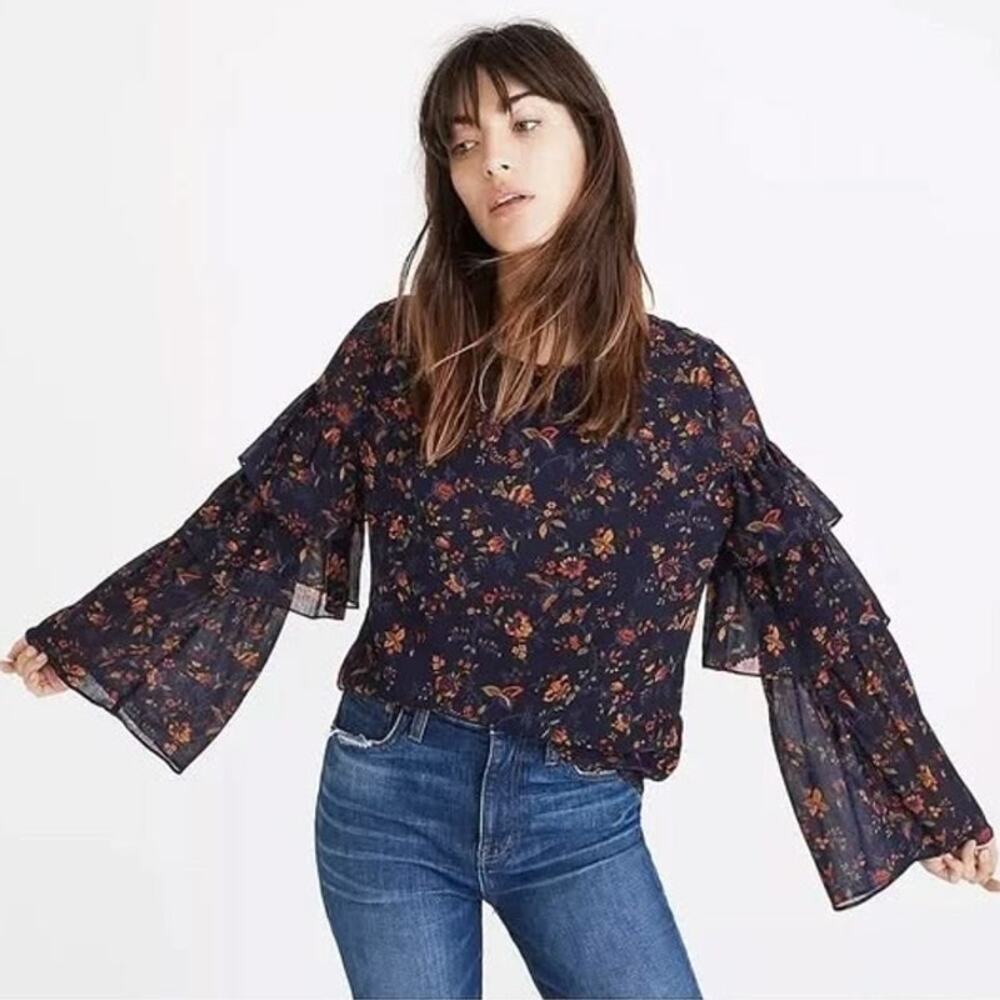 Madewell Flowing Lightweight Floral Ruffle Long Sleeve Blouse
